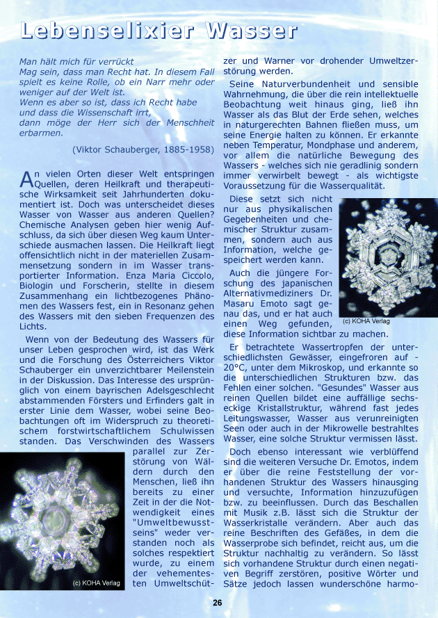 Lebenselexier Wasser - Artikel April 2006 in der Zeitschrift bewusst Sein - Infos: www.bewusst-sein.net